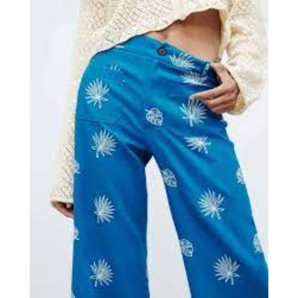 NWT Zara Women's Linen Blend Embroidered Wide Leg Pants Culottes with Pockets - Picture 3 of 13